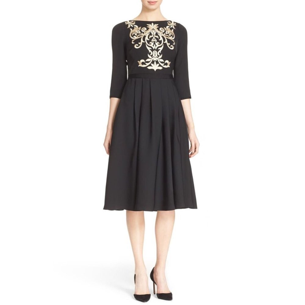 NWOT Ted Baker Shamari Metallic Embroidered Gold Filigree Bodice Flare Dress